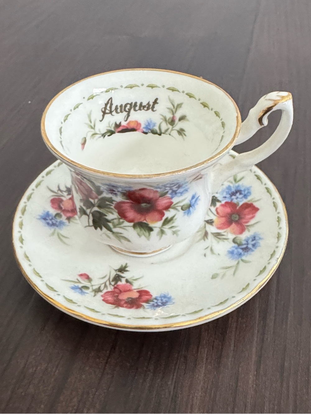 Royal Albert Mini Teacup Saucer Set Bone China August Floral Poppies Gold Trim